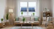 © Ideasl - Minimalist living room with wooden furniture and indoor plants featuring solar panels on a snowy rooftop promoting eco-friendly energy use