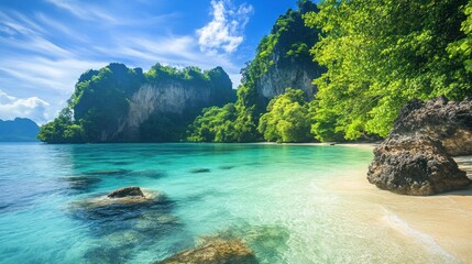 Wall Mural - Stunning Tropical Beach Paradise: Azure Waters, Lush Greenery, and Dramatic Cliffs