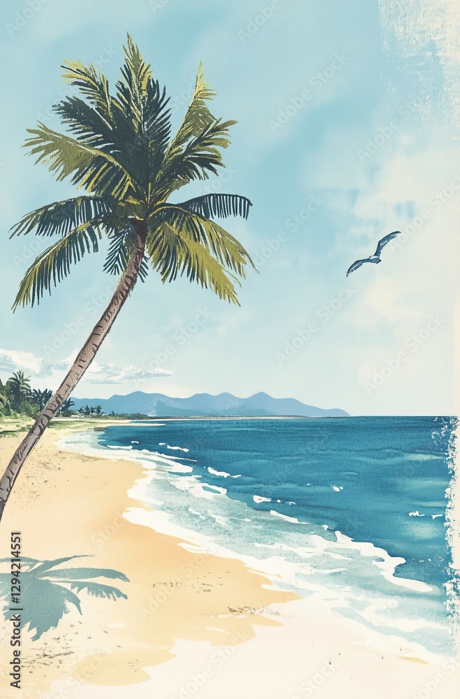 Tropical beach scene with palm tree, ocean waves, and distant mountains ...