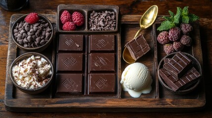 Wall Mural - A rustic wooden plate with pieces that each have a rum pairing: A little scoop of vanilla ice cream and a dark chocolate square in a pretty bowl with a golden spoon