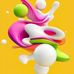 Poster - Colorful abstract shapes and forms creating lively composition against a bold yellow background. Generative AI