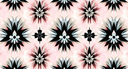 Poster - Intricate floral pattern with black and white elements on a soft pink background. Generative AI