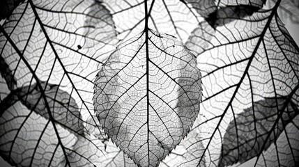 Canvas Print - Delicate black and white close-up of translucent leaves layered together, showcasing intricate vein patterns, Ideal for nature-themed projects, backgrounds