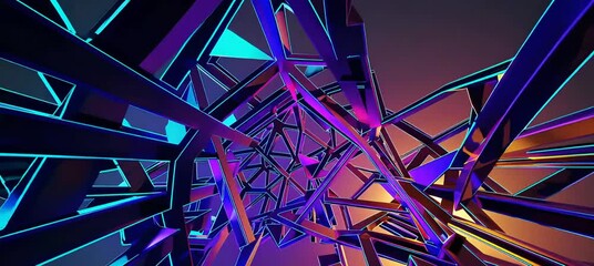 Poster - Futuristic geometric tunnel with neon lights transforming from blue to orange