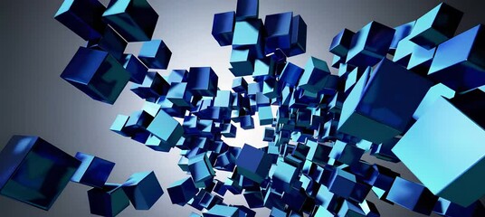 Poster - Dynamic blue geometric blocks explode and swirl in abstract motion