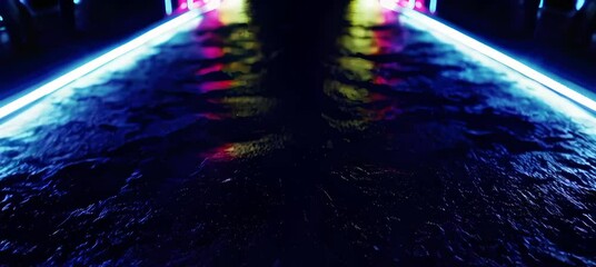 Poster - Neon reflections on wet pavement in urban nightscape with dynamic light movement