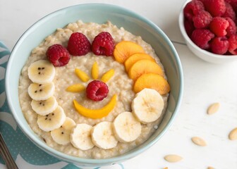 Poster - A bowl of oatmeal topped with banana slices and raspberries, accompanied by a bowl of additional berries. The bowl is placed on a surface, with a cloth to its left. The oatmeal has a creamy texture, a