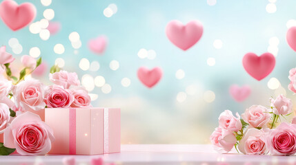 Aufkleber - Romantic setting with pink roses and floating hearts for a special celebration or occasion
