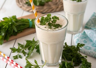 Poster - A close-up of two glasses filled with a creamy beverage, likely a smoothie or juice, garnished with fresh parsley leaves. The glasses are placed on a white surface, with a wooden board to the left and