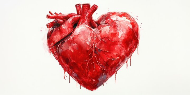 Detailed rendering of an anatomical human heart in a vivid red color scheme, showcasing intricate structures and textures