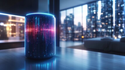 Poster - Smart home with AI speaker and vibrant display in a futuristic c