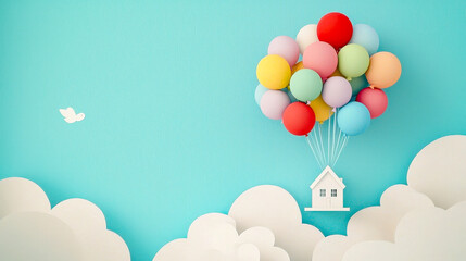 Aufkleber - Colorful balloons lift a small house above fluffy clouds in a playful sky setting