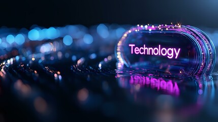 Aufkleber - Glowing technology word in neon purple and blue lights with bokeh effect background creating futuristic atmosphere for digital transformation concepts.