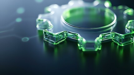 Poster - Glowing green mechanical gear shape on dark background with dramatic lighting and shallow depth of field creates futuristic industrial atmosphere.