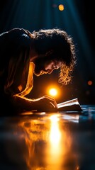 Poster - Young person with curly hair reading book in dramatic lighting with orange glow and reflection on dark surface. Moody atmospheric scene captures intimate moment.