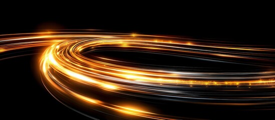Poster - Glowing golden light trails curve dynamically against dark background creating futuristic motion effect, abstract energy streams flow in spiral pattern.