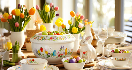 Poster - Festive spring table setting adorned with colorful flowers and decorative Easter elements