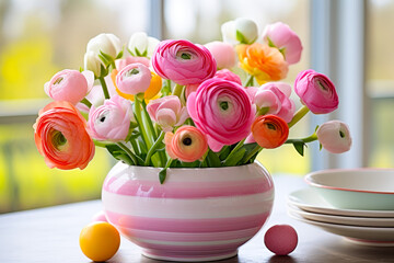 Poster - Beautiful ranunculus flowers in a striped vase creating a cheerful spring atmosphere