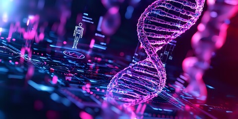 Poster - Glowing DNA helix structure in purple and blue neon colors against dark background with digital elements and particles creating futuristic scientific atmosphere.