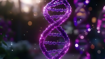Poster - Glowing purple DNA helix structure with sparkles and bokeh effects floating in dark space, representing genetic science and biotechnology advancement.