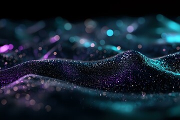 Poster - Abstract glowing wave formation with sparkling particles in purple and turquoise colors against dark background creates magical atmosphere for design projects.
