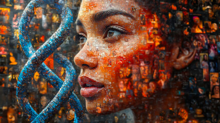 Aufkleber - Mosaic of diverse human faces forming a striking portrait of a woman with a blue helix against a colorful background