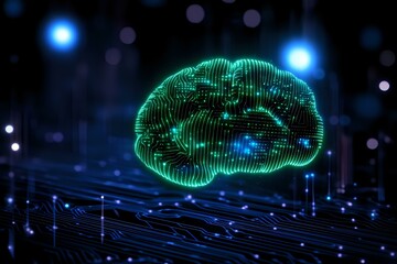Aufkleber - Glowing green digital brain visualization with neural network connections and blue light effects on dark background, representing artificial intelligence technology.