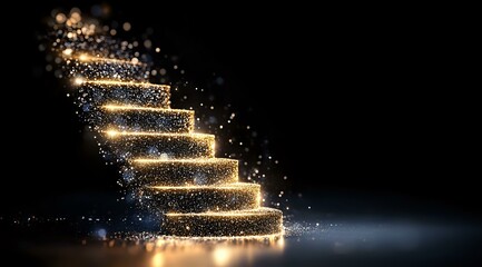 Poster - Glowing golden stairway with magical sparkles and light particles floating in dark space, mystical ascending steps leading upward on black background.