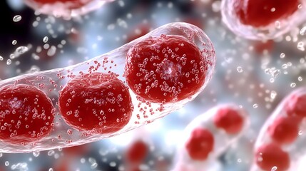 Poster - Microscopic view of streptococcus bacteria chain in red coloring against blurred background with water droplets and light effects, medical science visualization.