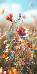 Wall Mural - Expansive field of colorful flowers in full bloom creating a breathtaking natural landscape under a clear sky