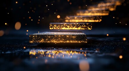 Poster - Magical glowing golden light strips floating over reflective dark surface with bokeh particles and sparkles creating mystical atmospheric scene.