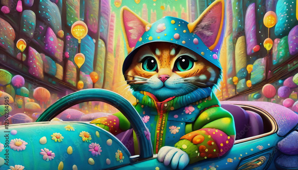 oil painting style cartoon character illustration multicolored the cat ...