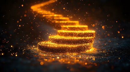 Poster - Magical glowing spiral staircase made of golden light particles and sparkles against dark background, creating mystical ascending path with bokeh effect.