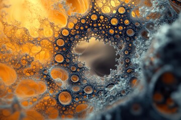 Poster - Abstract close-up of colorful bubbles and textures in a fluid environment during daylight
