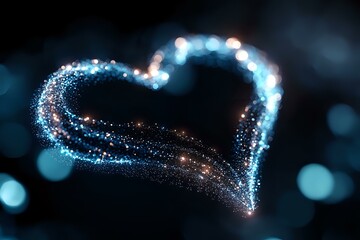 Poster - Magical glowing heart shape created with sparkling blue and pink light trails against dark background, romantic bokeh effect adds dreamy atmosphere.