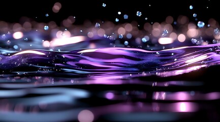 Poster - Abstract purple and pink liquid waves with bokeh lights and reflections on dark background create magical flowing effect. Suitable for luxury product backgrounds.