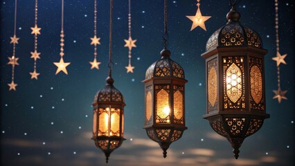 Poster - Three ornate lanterns hang against a starry night sky, casting a warm glow and creating a magical, enchanting atmosphere.