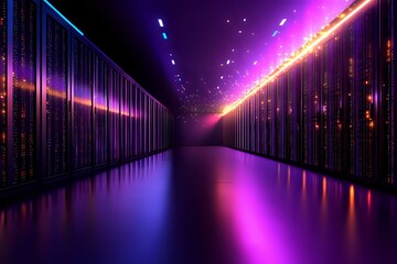 Poster - Futuristic server room corridor with glowing neon lights and reflective floor creating dramatic perspective. Purple and orange technological atmosphere with data streams.