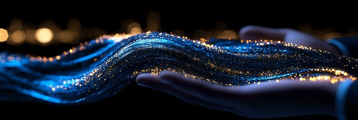 Poster - Abstract glowing blue wave with golden sparkles and light particles flowing on dark background creates magical atmosphere for luxury design projects.