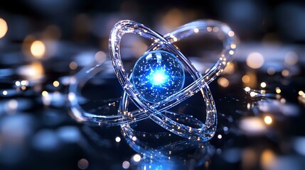 Poster - glowing blue energy core surrounded by luminous orbital rings against dark background with scattered