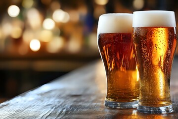 Poster - Two frosty glasses of draft beer with rich amber color and foamy heads on rustic wooden bar counter against warm blurred bokeh background.