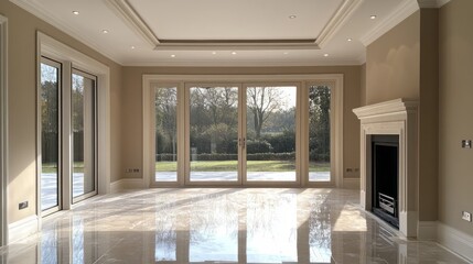 Aufkleber - Sunlight pours into this spacious living room, highlighting the newly finished walls and polished floors. The serene outdoor view adds charm to the tranquil atmosphere post-renovation