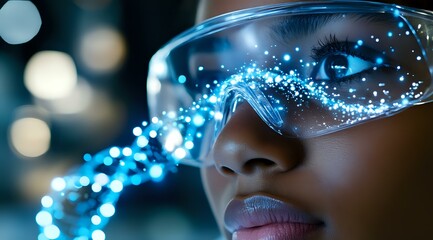 Poster - Young African American woman wearing futuristic protective glasses with glowing blue light effects and sparkles, representing technology innovation and virtual reality.
