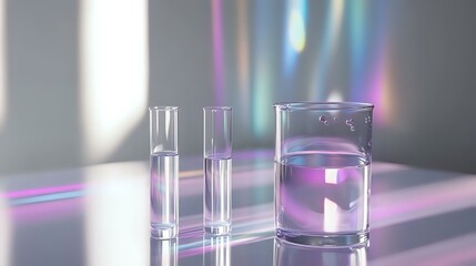Poster - Laboratory glassware with clear liquid and purple light effects on reflective surface, scientific research concept with modern aesthetic and soft bokeh background.