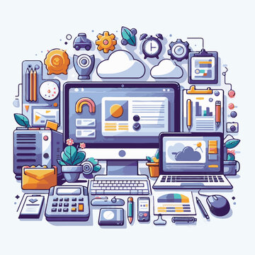 computer, technology, digital, business, communication, laptop, tech, device, design, pc, work, internet, office, web, desktop, monitor, employee, information, modern, data, electronic, vector, backgr