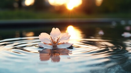 Poster - A serene flower floats on water, surrounded by gentle ripples, illuminated by the warm glow of a sunset.
