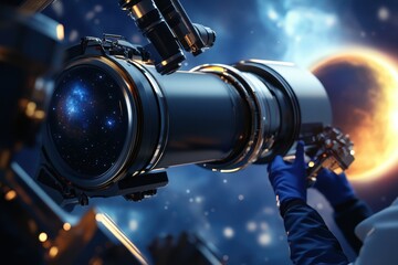 Poster - astronomer observes deep space using a telescope from a research facility at night