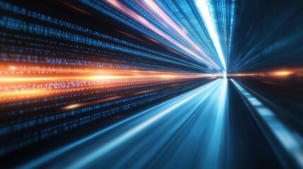 Aufkleber - A vibrant display of light streaks in blue and orange, symbolizing speed and digital innovation, set against a dark background.