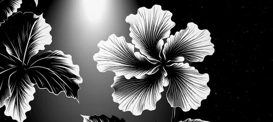 Poster - Elegant black and white hibiscus blooming under spotlight