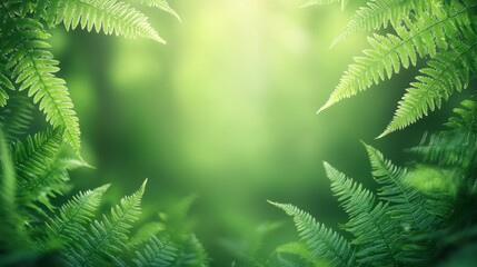 Poster - Lush green ferns frame a bright, serene background, creating a tranquil and refreshing natural atmosphere.